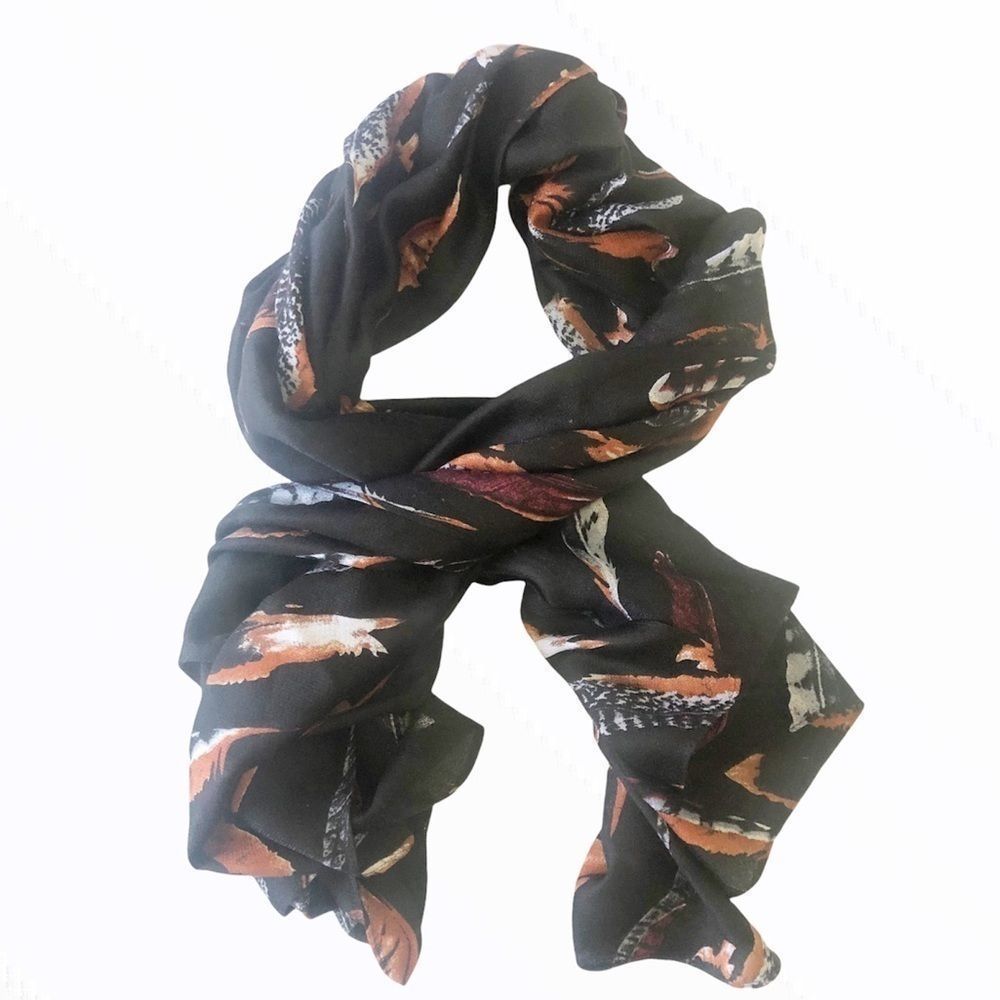JOY SUSAN Black Scarf Floating Feather Print Oversized